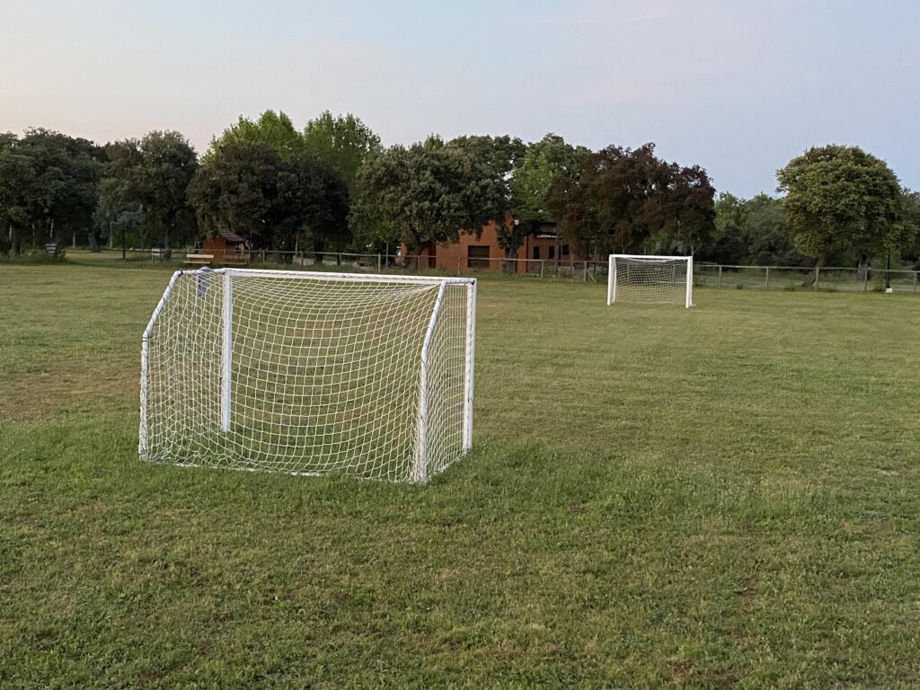 Dos pequeñas porterías de fútbol en un campo de hierba con árboles y un edificio al fondo, bajo un cielo despejado. La escena es tranquila y vacía, lo que sugiere que es temprano por la mañana o al atardecer.