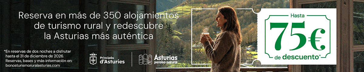 Mujer sosteniendo una taza y mirando por una ventana un paisaje verde. Texto en español promociona hasta 75€ de descuento en alojamientos rurales en Asturias. Logotipos y detalles de la oferta a la izquierda.
