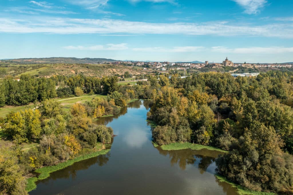 Un río discurre por un paisaje verde y frondoso, flanqueado por árboles a ambos lados, y se dirige hacia un pueblo lejano bajo un cielo azul salpicado de nubes.