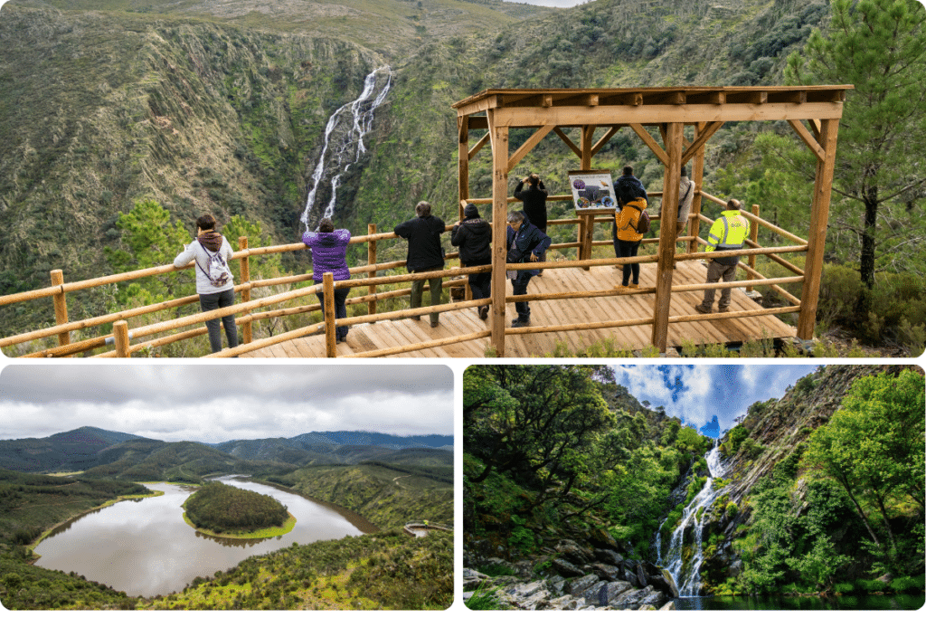 Un grupo de personas situadas en un mirador de madera contempla una alta cascada en un valle verde; más abajo se ven imágenes de un río serpenteante y una vista más cercana de la cascada.