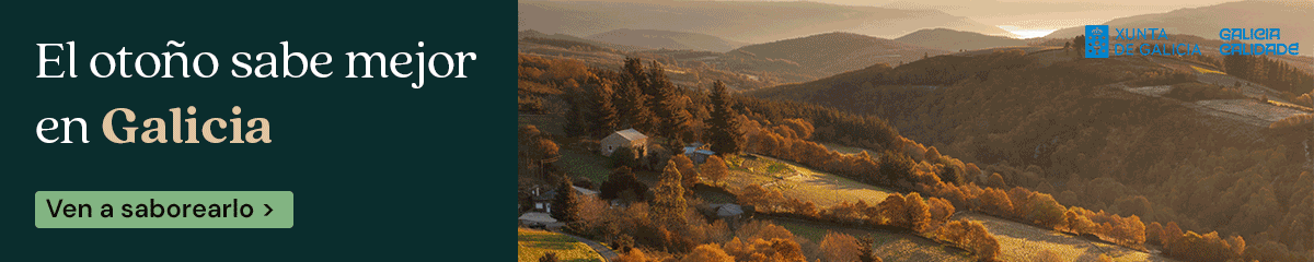Colinas y árboles bajo la luz otoñal, con el texto: «El otoño sabe mejor en Galicia» y un botón verde que dice «Ven a saborearlo». Logotipos de la Xunta de Galicia y GALICIA TURISMO en la esquina superior derecha.