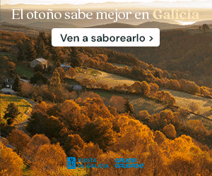 Un pintoresco paisaje otoñal en Galicia con árboles teñidos de los colores del otoño, colinas onduladas y casas dispersas al atardecer. El texto invita a los espectadores a disfrutar del otoño en Galicia. Se ven los logotipos de la Xunta de Galicia y del Grupo Grelos.