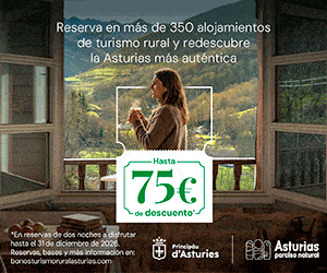 Una mujer junto a un gran ventanal contempla un verde paisaje rural. El texto promociona la reserva de alojamiento rural en Asturias con hasta 75€ de descuento. Los logotipos y los detalles de la reserva aparecen en la parte inferior.
