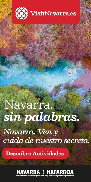 Vista aérea de un río turquesa rodeado de coloridos árboles otoñales, con texto en español promocionando el turismo en Navarra y un botón que dice "Descubre Actividades".