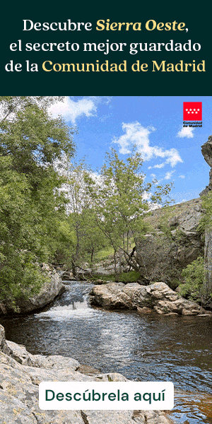 Un río rodeado de rocas y vegetación bajo un cielo azul con nubes; el texto invita a descubrir la Sierra Oeste, el «secreto mejor guardado» de la Comunidad de Madrid, con un botón que dice «Descúbrela aquí».