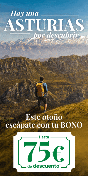 Un excursionista con una mochila amarilla se encuentra en un sendero de montaña en Asturias, España. El texto promociona viajes de otoño con vales de descuento de hasta 75 euros. Al fondo se divisan picos nevados y un paisaje escarpado.