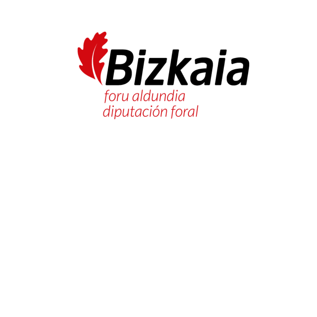 Logotipo de Bizkaia con una hoja estilizada de roble rojo a la izquierda y el texto en negro "Bizkaia" al lado. Debajo en texto rojo: "foru aldundia" y "diputación foral", todo sobre fondo claro.