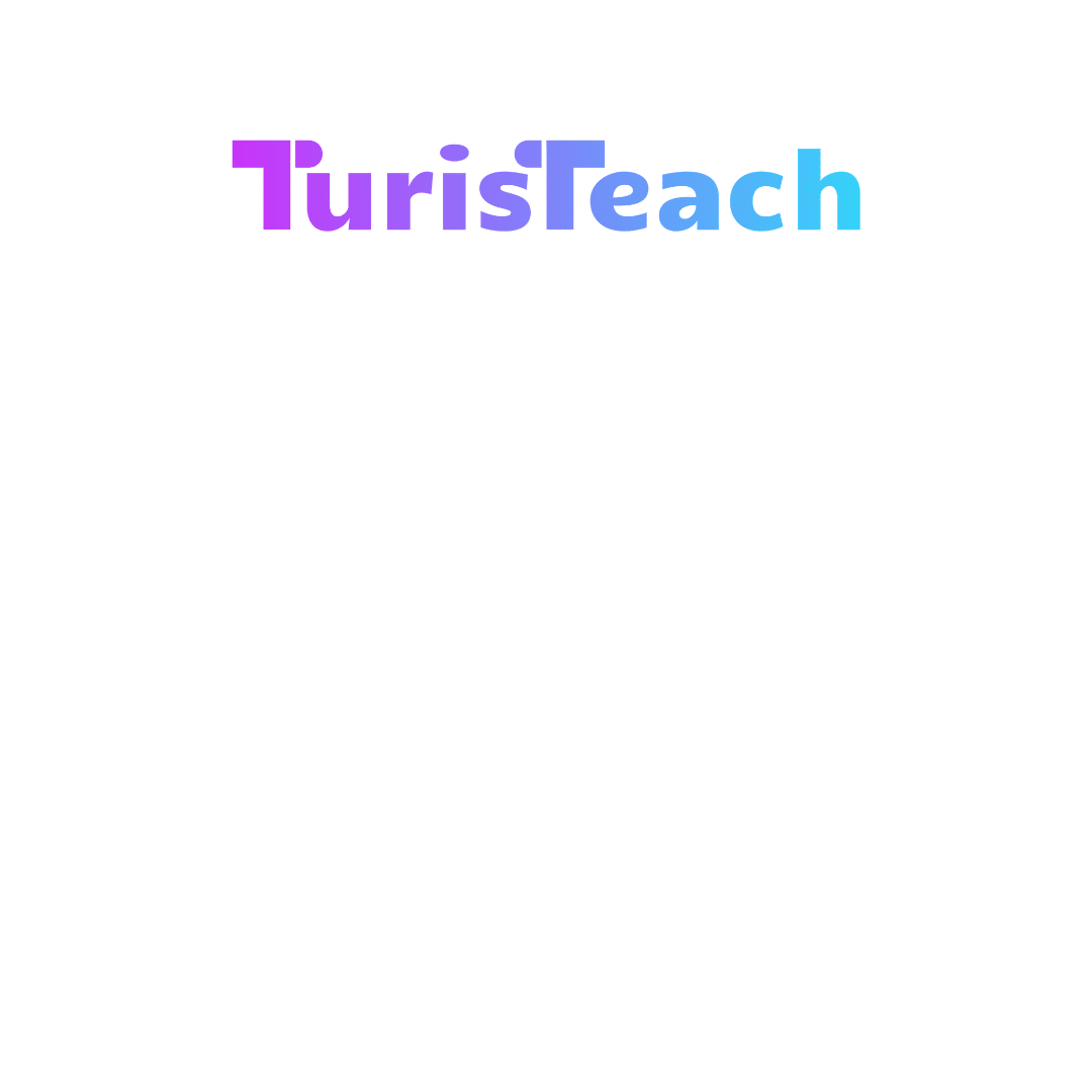 La imagen muestra la palabra TurisTeach en un tipo de letra redondeado y en negrita, con un degradado de color que va del morado a la izquierda al azul a la derecha, centrado sobre un fondo blanco liso.