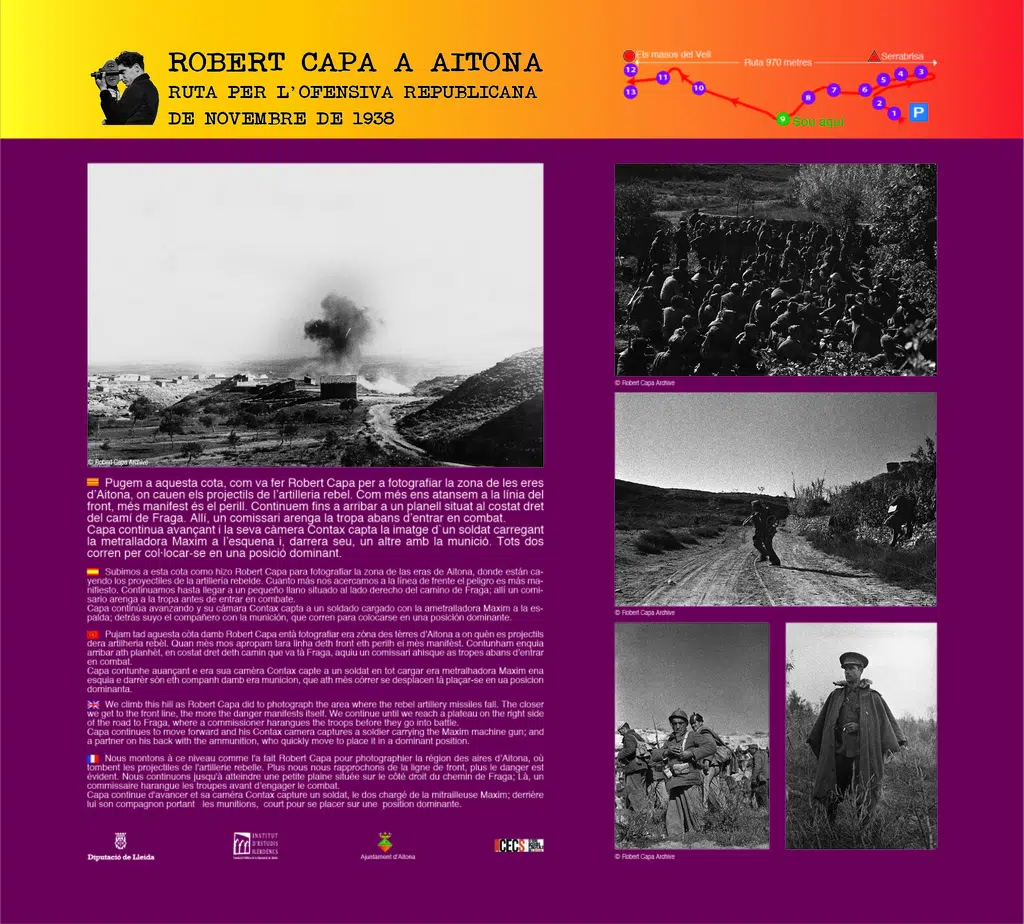 Uno de los paneles informativos de la Ruta Robert Capa de Aitona.