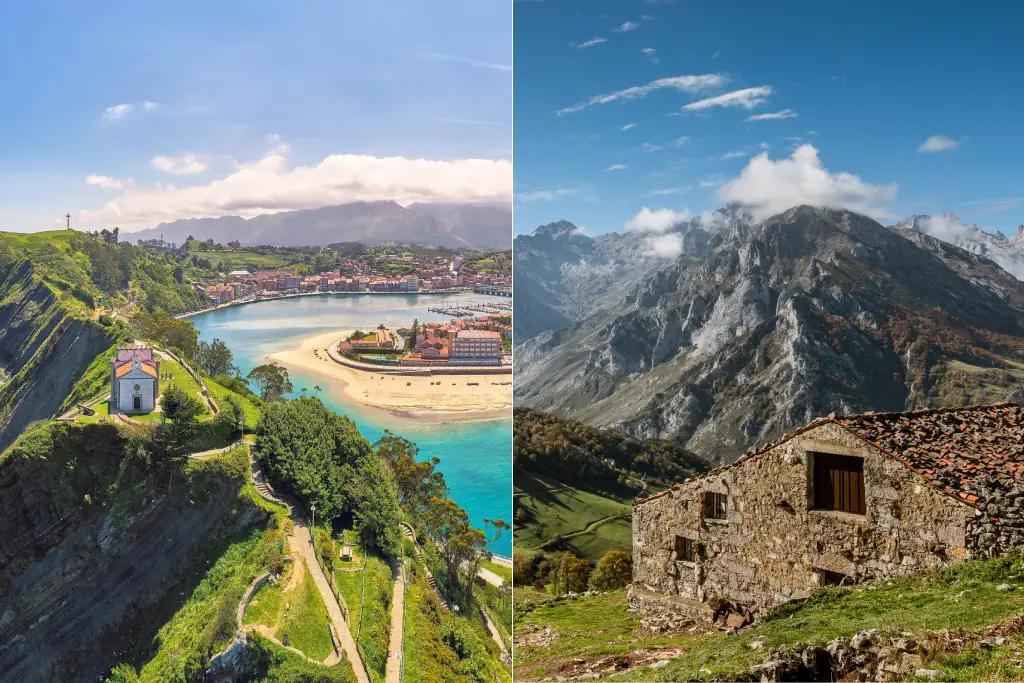Vista aérea de acantilados y playa de Ribadesella (Asturias) y pueblo de Sotres en los Picos de Europa (Asturias)