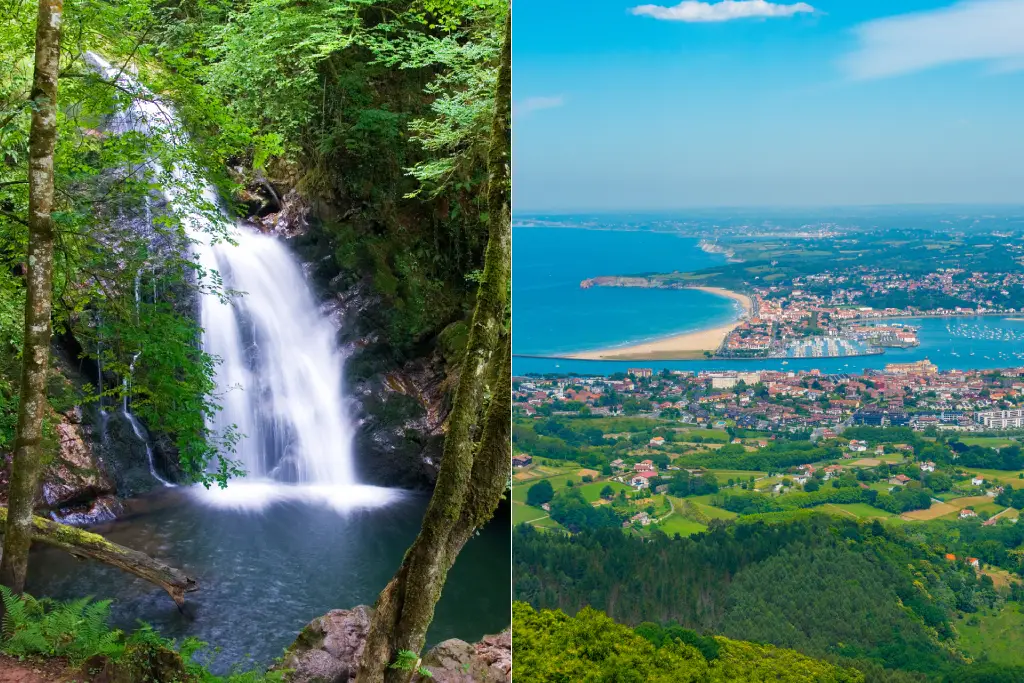 Cascada Xorroxin en Valle de Baztán (Navarra) y Playa de Irún y Hendaye en costa de Bidasoa (País Vasco)