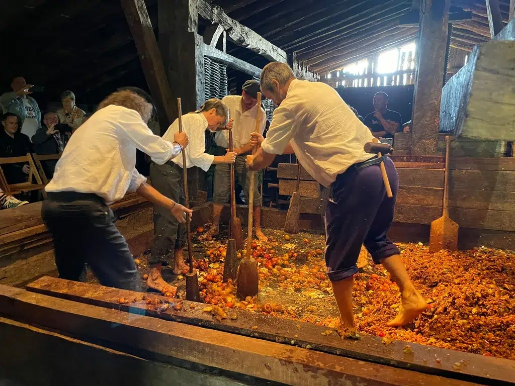 Interpretación de ritmos machacando la manzana en el caserío Igartubeiti de Ezkio. Cedida por Igartubeiti Kirikoketako Taldea