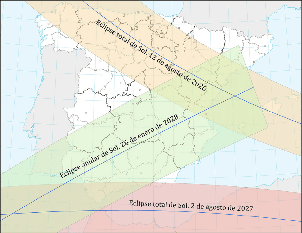 Recorrido de los eclipses en España en 2026, 2027 y 2028. Fuente: https://eclipses.ign.es/