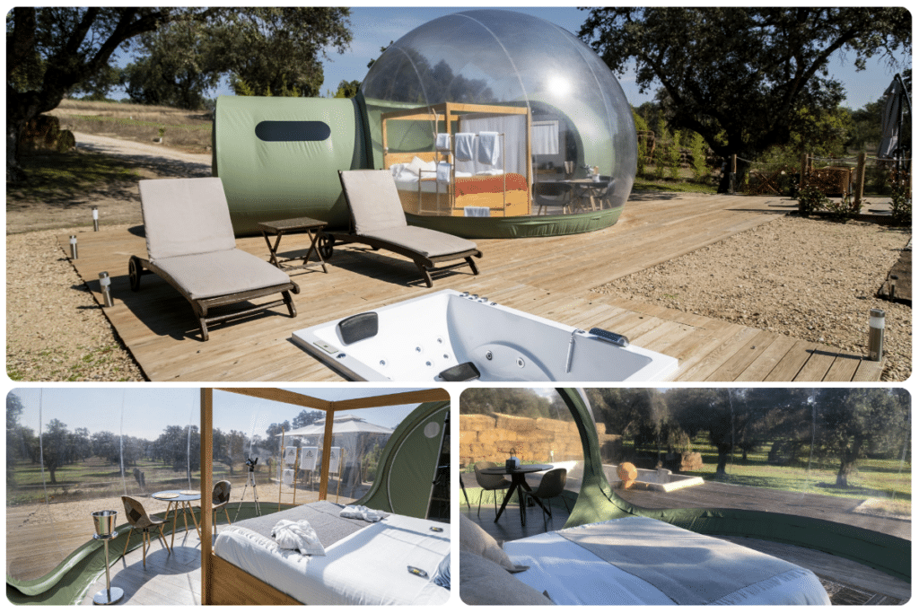 Una tienda de burbujas transparente con una entrada verde se asienta sobre una terraza de madera con tumbonas, una bañera de hidromasaje y vistas a la naturaleza. Las imágenes del interior muestran camas acogedoras y asientos con vistas al exterior.