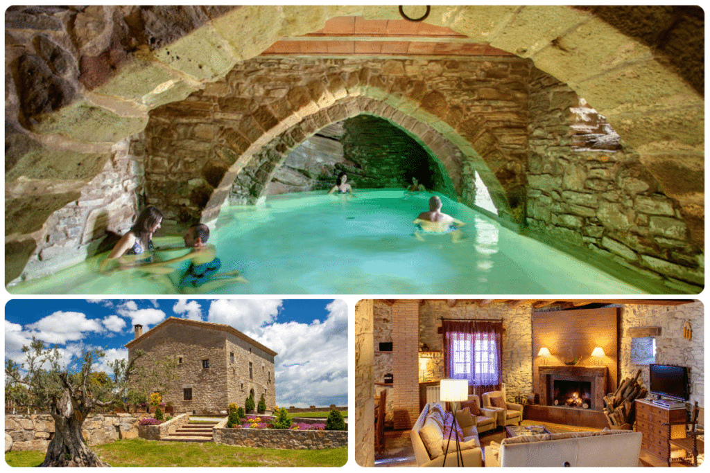 Un collage muestra: gente nadando en una piscina cubierta de piedra con techos abovedados; una antigua casa de piedra con jardín; y un acogedor salón rústico con chimenea y vigas de madera.