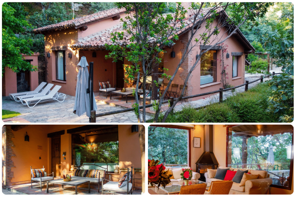 Una acogedora casita rodeada de exuberante vegetación, con un patio de piedra, tumbonas y asientos al aire libre; dos imágenes más pequeñas muestran una terraza cubierta con sofás y un salón bien iluminado con flores y una chimenea.