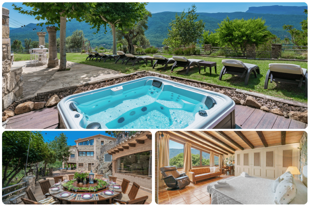 Una lujosa casa de vacaciones con bañera de hidromasaje, tumbonas, vistas a la montaña, una amplia zona de comedor al aire libre y un espacioso dormitorio con decoración rústica y grandes ventanales con vistas a la naturaleza.