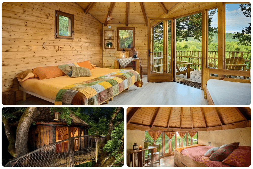 Collage de interiores y exteriores de acogedoras casas en los árboles: Arriba: dormitorio con paneles de madera, grandes ventanales y balcón; abajo a la izquierda: exterior de la casa del árbol con puente de madera; abajo a la derecha: dormitorio rústico con grandes ventanales y cama de matrimonio.