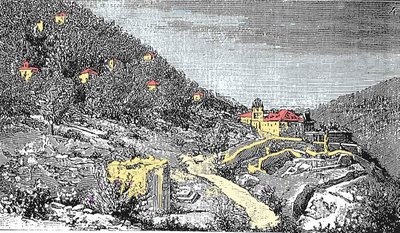 Ilustración de época del conjunto espiritual del Desierto de Bolarque. Por Monje carmelita - Dominio público https://www.carmelcat.cat/nostragent/diego.html - https://commons.wikimedia.org/w/index.php?curid=44249595oles