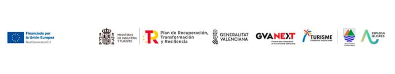 Una fila de siete logotipos que representan a la Unión Europea, el Gobierno español, el Plan de Recuperación, la Generalitat Valenciana, GVA Next, Turisme Comunitat Valenciana y el Ajuntament de Dénia.