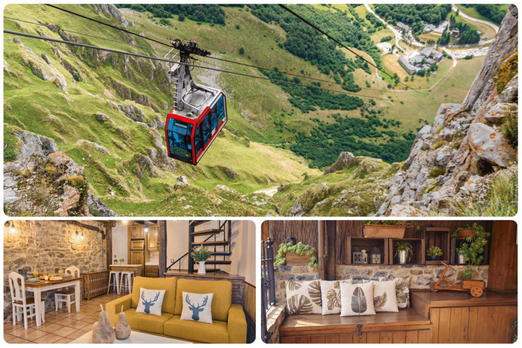 Un collage que muestra un teleférico rojo y azul sobre una escarpada montaña verde, un acogedor salón rústico con paredes de piedra y decoración de ciervos, y un banco de madera con cojines de temática natural en un interior de estilo campestre.