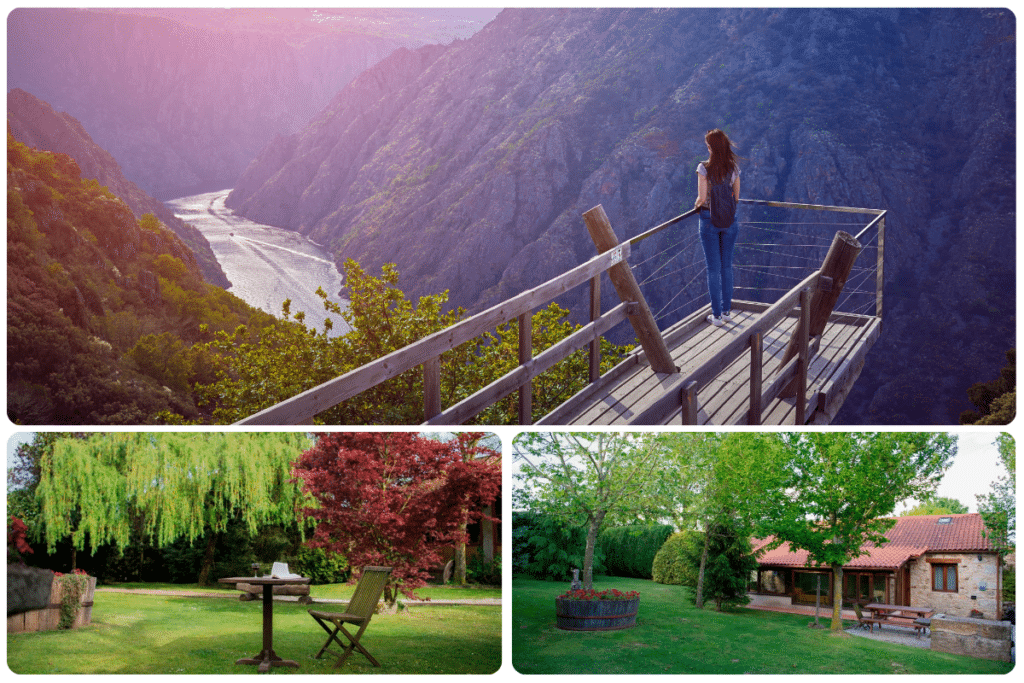 Una mujer se asoma a un balcón de madera desde el que se divisa el profundo desfiladero de un río. Abajo, un jardín con una mesa y sillas junto a una casa rodeada de frondosos árboles y plantas.