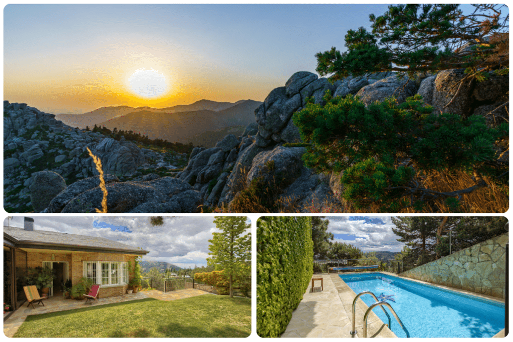 Un collage con tres imágenes: una puesta de sol en la montaña con picos rocosos, una acogedora casa con porche y césped, y una larga piscina al aire libre bordeada de árboles y un muro de piedra.