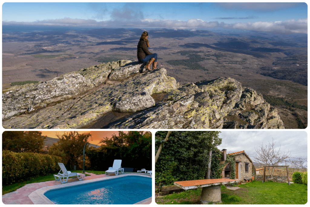 Una mujer sentada en un acantilado rocoso con vistas a un vasto y pintoresco paisaje; abajo, una piscina con tumbonas y una rústica casa de piedra con una mesa de jardín, rodeada de vegetación.