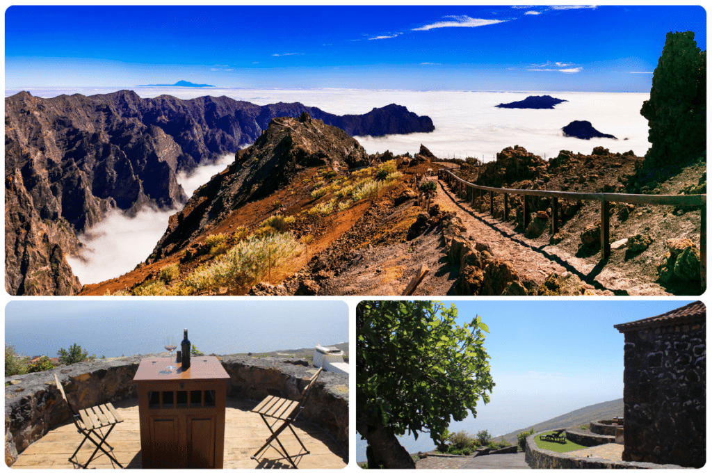 Un collage: Arriba, un paisaje montañoso sobre nubes; abajo a la izquierda, un patio con una mesa, dos sillas, vino y copas; abajo a la derecha, un edificio de piedra con vistas al mar y un árbol.