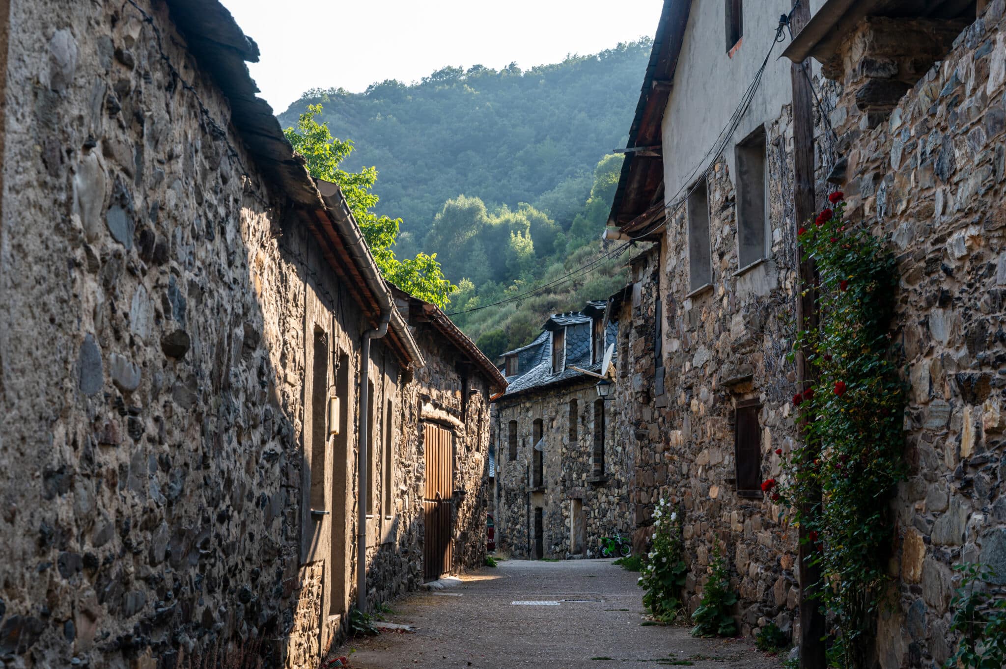 Una estrecha calle empedrada bordeada de viejas casas de piedra y flores rojas, situada en un tranquilo pueblo de montaña con verdes colinas al fondo.