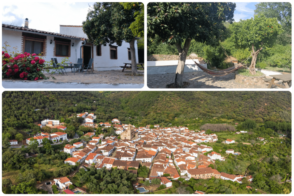 Un collage muestra una casa de campo blanca con flores, una hamaca bajo los árboles y una vista aérea de un pequeño pueblo con edificios blancos y tejados rojos rodeado de verdes colinas.