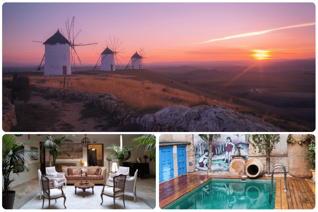 Un collage con molinos de viento en una colina al atardecer, un acogedor salón interior con elegantes asientos y plantas, y una rústica piscina exterior bordeada por muros de piedra y puertas azules.