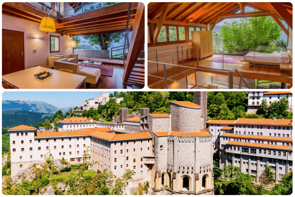 Collage que muestra interiores modernos con vigas de madera y grandes ventanales en la parte superior, y una vista exterior de un edificio histórico de piedra con tejados rojos situado en una ladera verde en la parte inferior.