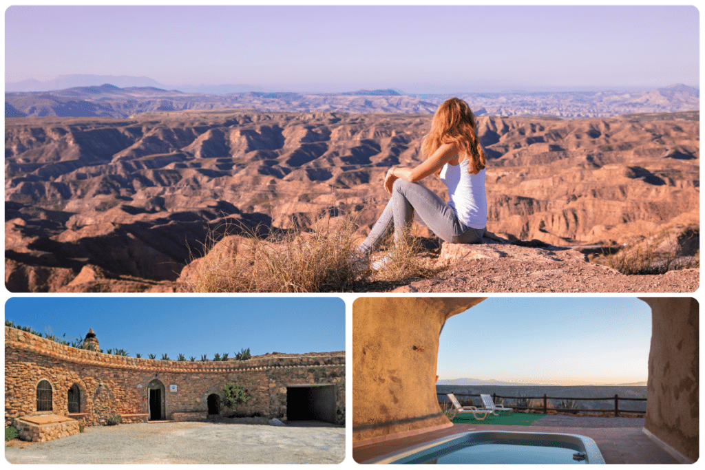 Una mujer sentada en un acantilado rocoso con vistas a un vasto paisaje de cañones; abajo, un rústico patio de piedra y una habitación en forma de cueva con piscina cubierta y tumbonas frente a una vista panorámica.