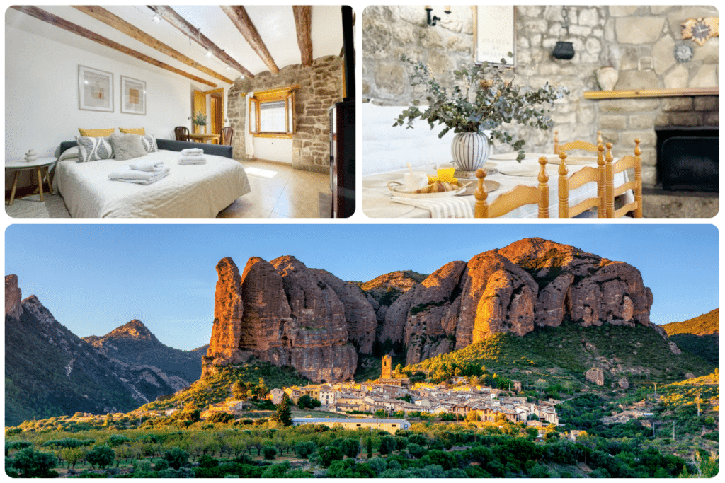 Un collage con un acogedor dormitorio y un rústico comedor arriba, y una vista panorámica de un pueblo enclavado bajo espectaculares acantilados de roca roja al atardecer abajo.