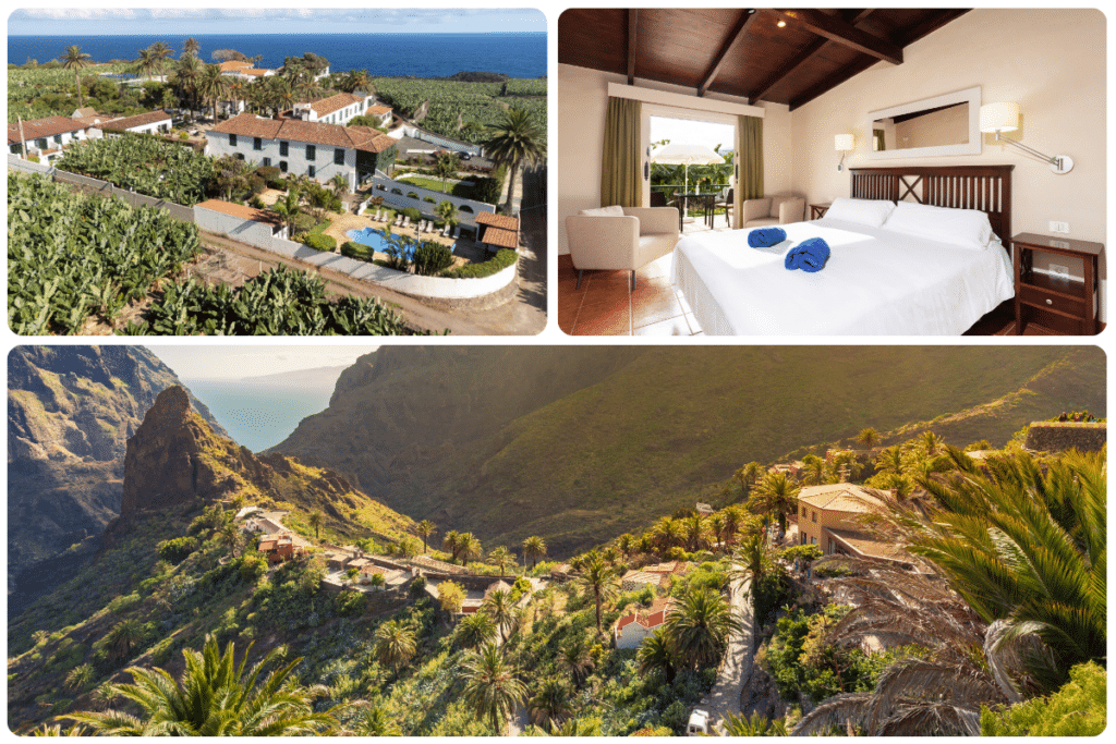 Collage que muestra un centro turístico costero rodeado de palmeras, una luminosa habitación de hotel con una gran cama y un pintoresco pueblo de montaña con exuberante vegetación y casas dispersas.