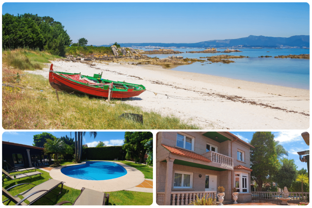 Un collage muestra un barco rojo en una playa de arena con aguas tranquilas y azules, una piscina circular en un patio de hierba con tumbonas y una casa de dos plantas con tejado rojo y balcones.