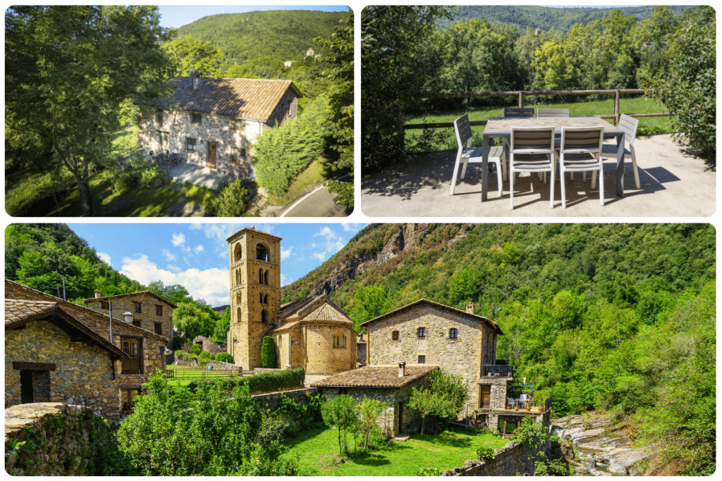 Un collage de tres imágenes: una casa rústica de piedra rodeada de árboles, un comedor al aire libre con una mesa y sillas con vistas a la vegetación, y un pintoresco pueblo de piedra con una torre de iglesia enclavado en frondosas colinas.