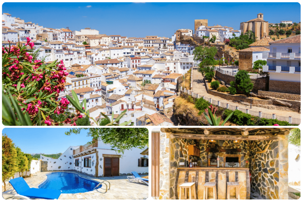 Un soleado pueblo español en la ladera de una colina, con casas encaladas y tejados de terracota, exuberantes flores en primer plano, una piscina junto a una villa en la parte inferior y un rústico bar de piedra al aire libre.