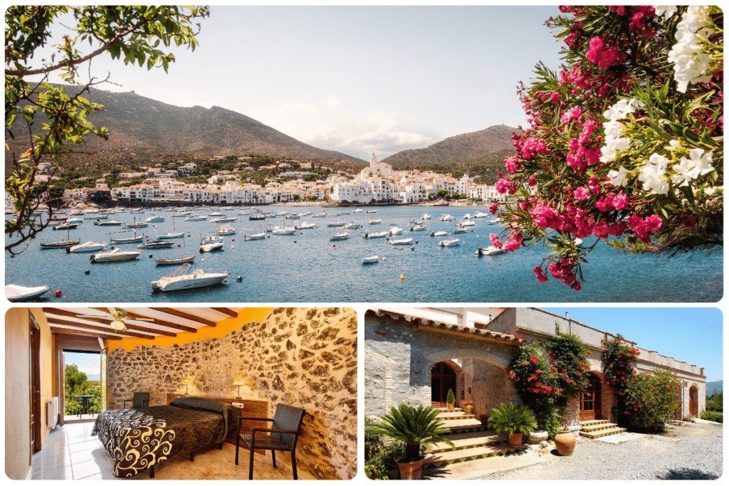 Un collage que muestra una pintoresca ciudad costera con barcos en una bahía, un dormitorio con rústicas paredes de piedra y el exterior de una encantadora casa con plantas en flor y escalones de piedra bajo un cielo soleado.