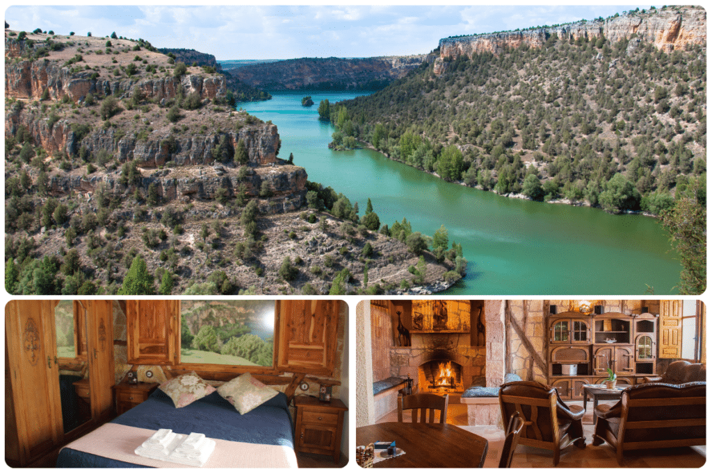 Collage con una vista aérea de un río serpenteante en un cañón rocoso y lleno de árboles (arriba), y dos acogedores interiores rústicos: un dormitorio con muebles de madera (abajo a la izquierda) y un salón con chimenea de piedra (abajo a la derecha).
