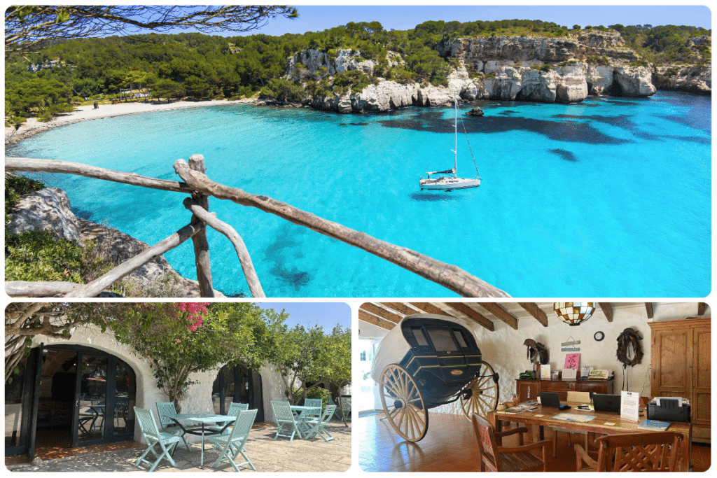 Un collage muestra una bahía turquesa con un velero, un rústico café al aire libre con sillas azules y un espacio interior con un carruaje decorativo de época y vigas de madera.