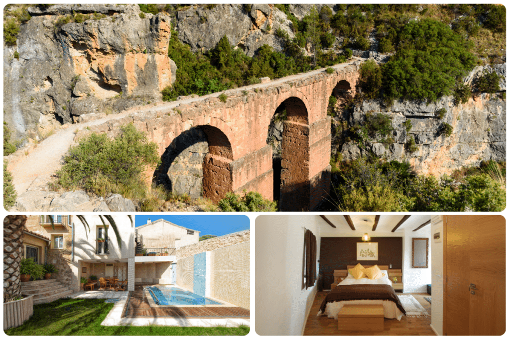 Un collage: Arriba: un antiguo puente de piedra con arcos cruza un desfiladero rocoso. Abajo a la izquierda: una casa moderna con piscina y comedor al aire libre. Abajo a la derecha: un acogedor dormitorio con cama de matrimonio y vigas de madera.