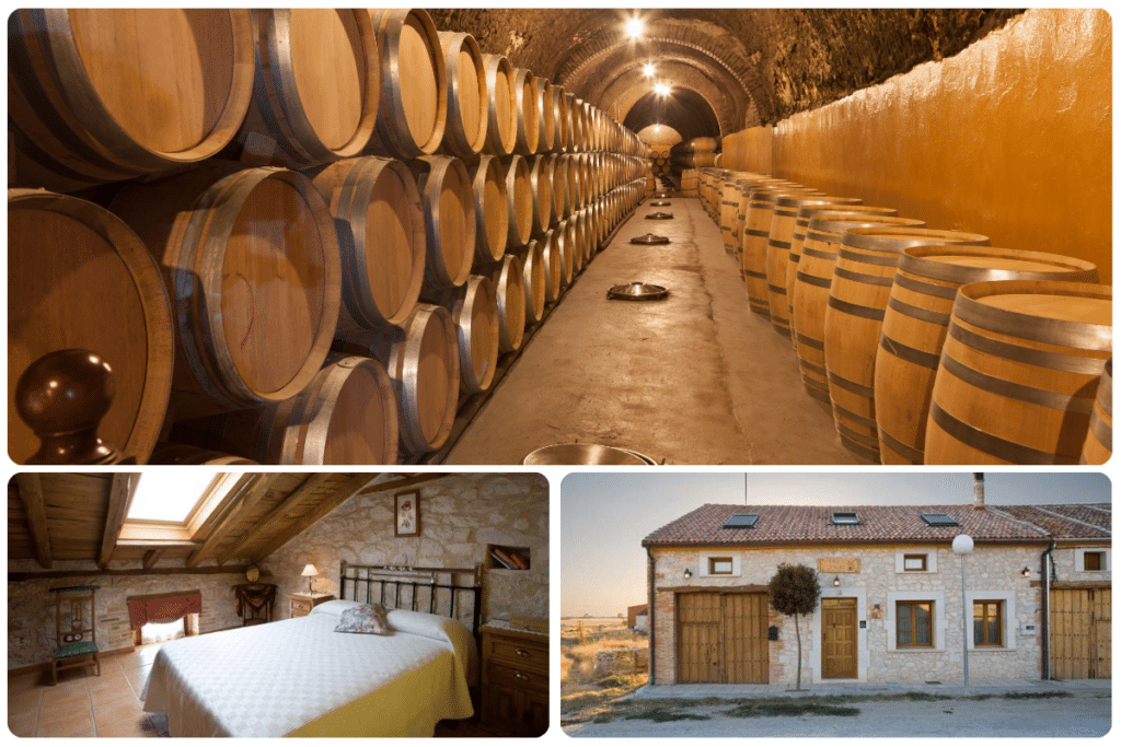Un collage que muestra: arriba, una bodega con hileras de barriles de madera; abajo a la izquierda, un dormitorio rústico con cama de madera y paredes de piedra; abajo a la derecha, una casa de piedra con tejado de tejas rojas y un árbol en el exterior.