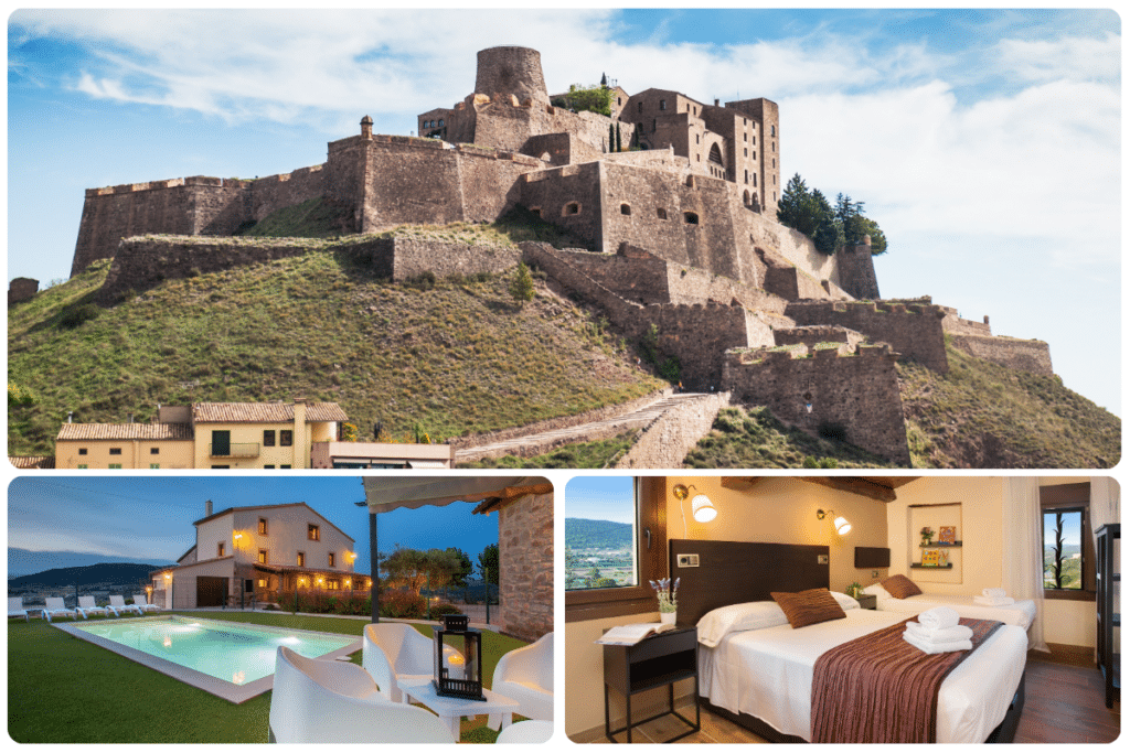 Un collage que muestra un castillo de piedra en lo alto de una colina, una villa con piscina y asientos al aire libre, y una moderna habitación de hotel con cama doble y toallas.