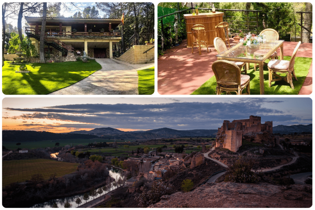 Collage que muestra una casa rústica con jardín, un patio al aire libre con bar y sillas, y una vista panorámica de un castillo medieval que domina un pueblo al atardecer.