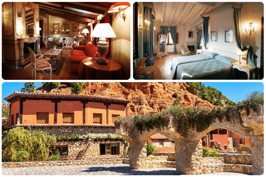 Collage de un acogedor interior de hotel con un salón y un dormitorio, ambos con decoración rústica, y una vista exterior de un encantador edificio de piedra y ladrillo situado contra rojas colinas rocosas.