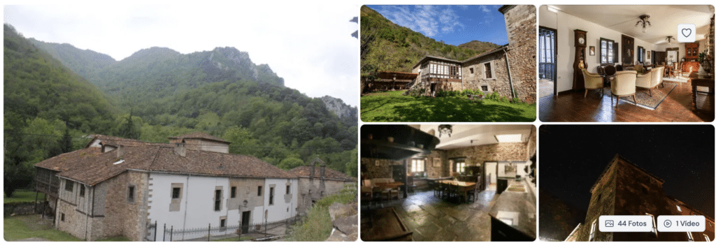 Un collage que muestra un rústico edificio de piedra en un frondoso valle verde, su jardín exterior, una acogedora zona de estar interior con sofás, un comedor con mesas de madera y una vista de un muro de piedra contra un cielo azul.