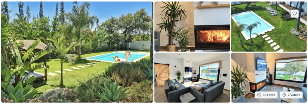 Un collage muestra un exuberante jardín con piscina, niños jugando, tumbonas, plantas y árboles; acogedoras escenas de interior con chimenea, plantas en macetas y un luminoso salón con grandes ventanales que dan al jardín.