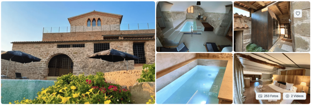 Un collage de una villa rústica de piedra con piscina exterior, acogedora piscina interior, vigas de madera, elegante dormitorio, moderno cuarto de baño y jardín con flores bajo un cielo despejado.